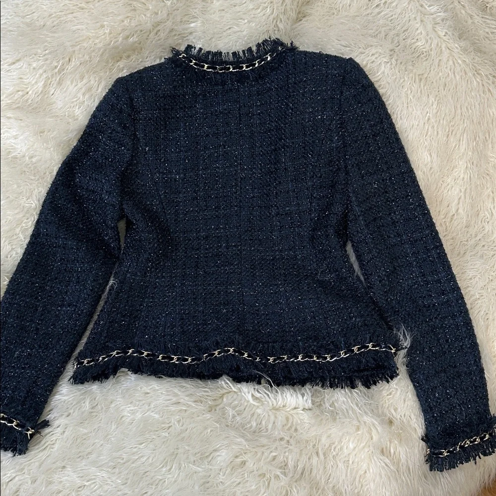 Boston Proper Navy Tweed Blazer with Gold Accents - Picture 2 of 6